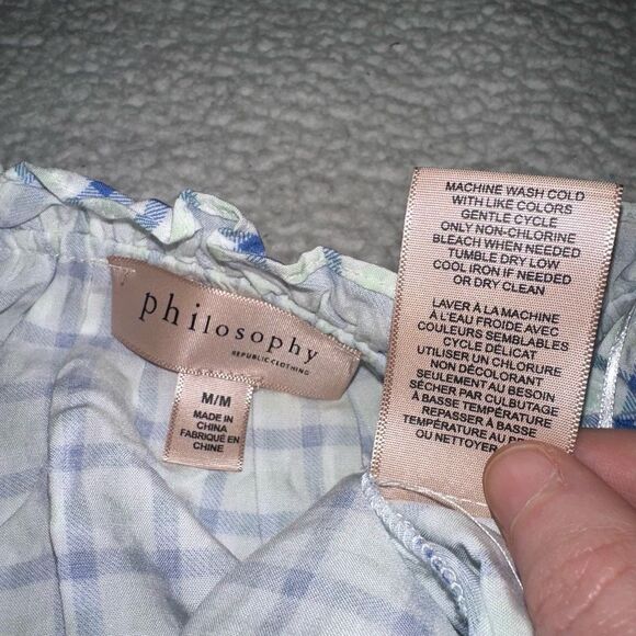 Philosophy Button Down Ruffle Sleeve White Blue Green Plaid Blouse Medium EUC - Picture 8 of 12